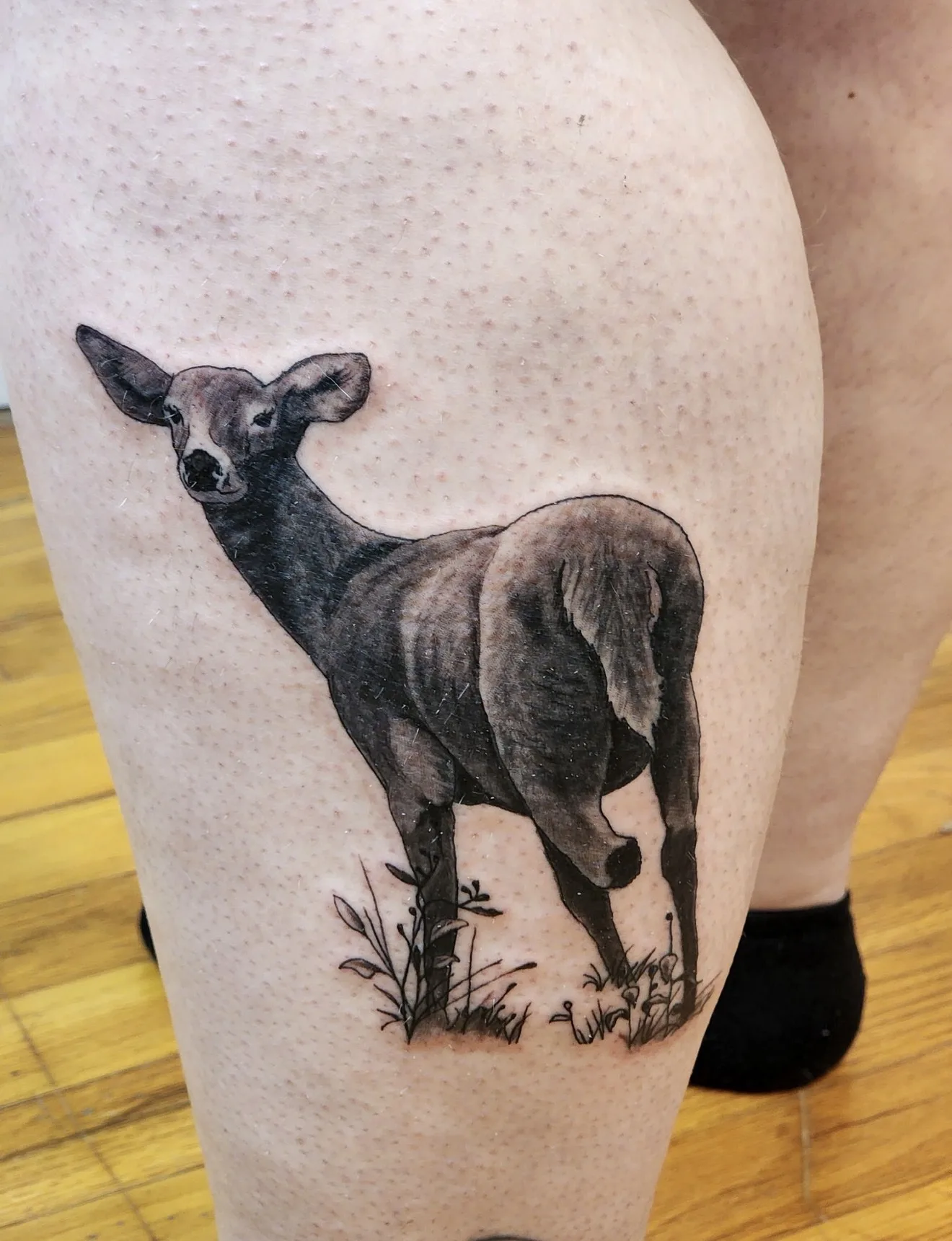 Photorealistic black and grey tattoo of a deer on a leg